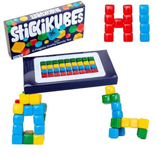 KOMARC GAMES StickiKubes, Mini Stacking Cubes That Stick to Anything, Non Toxic Kid Safe Sticky Blocks, Creative Construction Toy - 36 Cubes, 4 Colors, Display Easel