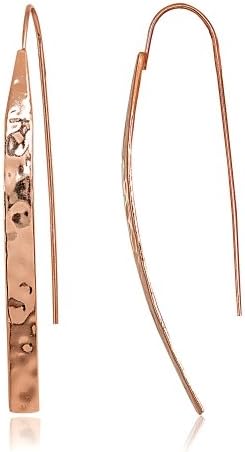 Hoops & Loops 925 Sterling Silver High Polished Hammered Long Flat Bar Threader Drop Earrings for Women and Teen Girls, Silver, Yellow & Rose Gold