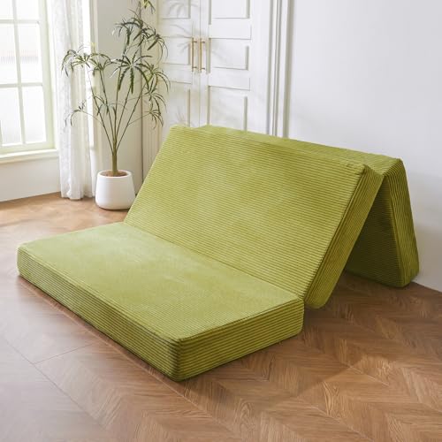 BYBYME Tri-Folding Corduroy Mattress, 6 Inch Gel Folding Mattress Topper, Foldable Soft Guest Bed Camping Pad, Washable Cover (Olive Green, Twin)