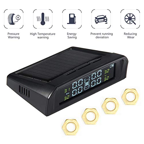Moshbu Solar Powered TPMS Wireless Tire Pressure Monitoring System 4 Sensors DIY Tire Gauge with Auto Alarm System Real-time LED Displays for RV Trailer, External Sensor