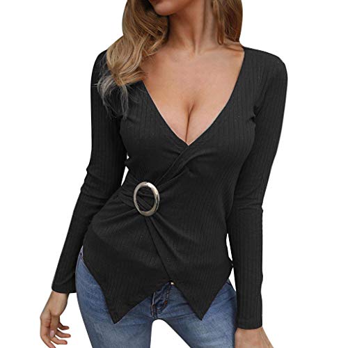 GOWOM Fashion Women Solid Deep V-Neck Long Sleeve Cross Wrap O