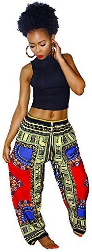 Womens Dashiki Blue flora Loose Trousers Bohemian Wide leg Lounge Pants Red L
