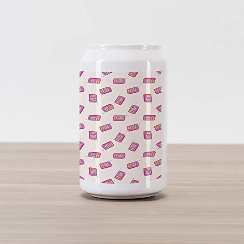 Lunarable Radio Cola Can Shape Piggy Bank, Vintage Cartoon Style Communication Device with Antenna Technology Theme, Ceramic Cola Shaped Coin Box Money Bank for Cash Saving, Pink Pale Yellow Beige - Thumbnail 4