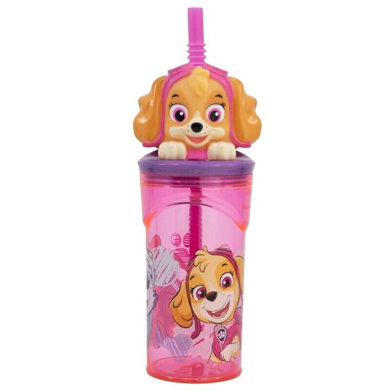 Golddunes 3D Cartoon Character Kids Figurine Re-Usable Plastic Tumbler Beaker with Re-Usable Flexi Straw - 360ml (Paw Patrol Skye Girls)