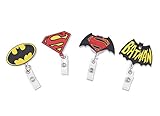 Finex Set of 4 Superhero Batman and Superman Logo Badge ID Clip Reel Retractable Holder Office Work Nurse Name Badge Tag Clip On Card Holders Cute - 30 inch Cord Extension