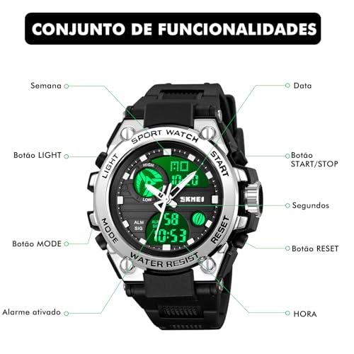 Relógios Digitais Militares Masculinos Quartzo Esportivo À Prova D'água Relógios de Mostrador Grande com Alarme Fuso Horário Duplo Visor Luminoso