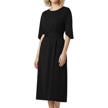 amazon business casual dresses Newshows Women's 2025 Summer Business Casual Work Dress Wrinkle-Free  Crewneck Midi Short Sleeve Skater Formal Office Attire(Gray Blue,S) at  Amazon Women's Clothing store