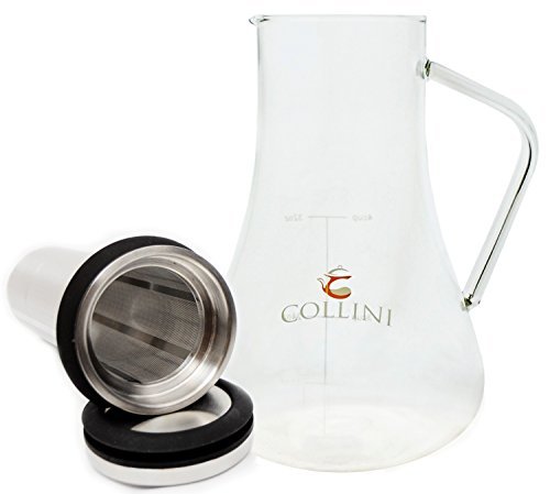 Airtight Cold Brew Iced Coffee Maker and Tea Infuser/ Hot Coffee Brewer and Tea Maker with Spout - 32 oz. 4 Cup 1.0 L Collini Brewing Glass Carafe with Removable Stainless Steel Filter & Air Tight Lid