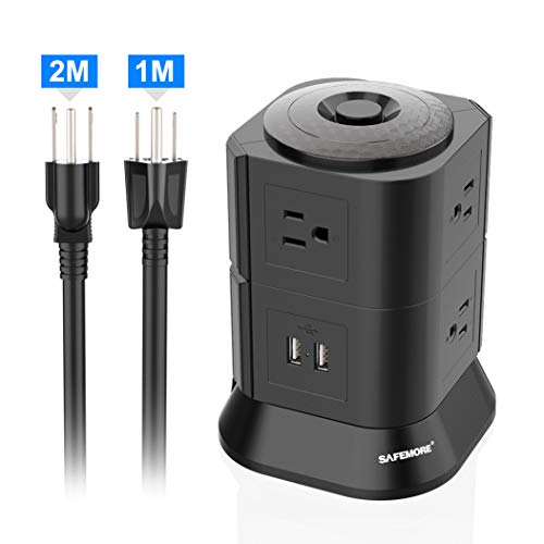 SAFEMORE Desktop Surge Protector Power Strip Tower, Smart 7-Outlet with 2-USB Outlet with 6.5ft/2M Long Extension Cord + 1M Power Cable Multiple Plug Outlet for Home & Office(Black) - Thumbnail 7