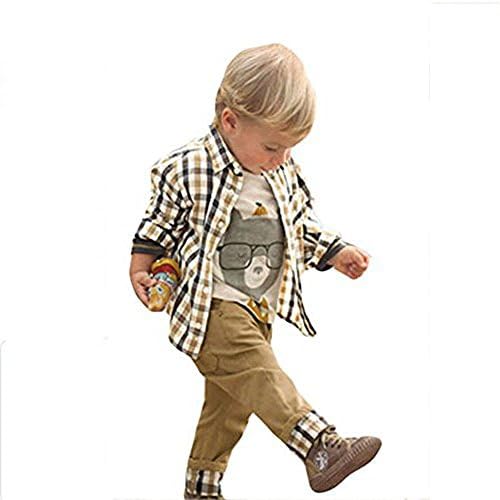 chinatera 3pcs Fall Baby Boy Clothes:Cartoon Tops+Checked Shirt+Solid Pants