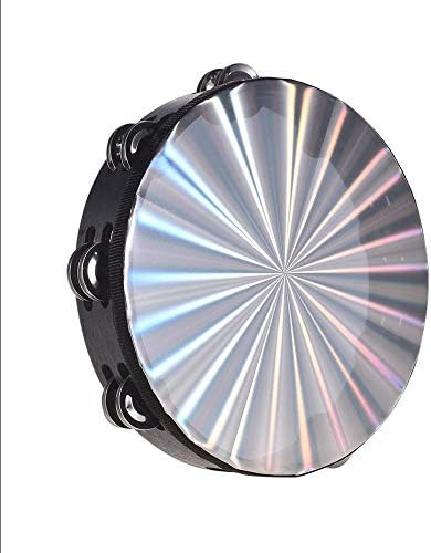 10 Inch Wooden Radiant Tambourine Handbell Hand Drum with Double Row Jingles Reflective Drum Head Percussion Instrument Musical Toy