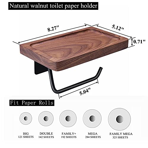 Toilet Paper Holder with Black Walnut Wooden Shelf for Bathroom, Wall