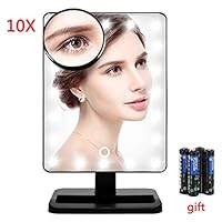 FLYMEI Vanity Makeup Mirror with Lights, Lighted Makeup Mirror with 10X Magnification, 4 AA Batteries, Touch Screen and Light Adjustable, 180° Rotation, Black