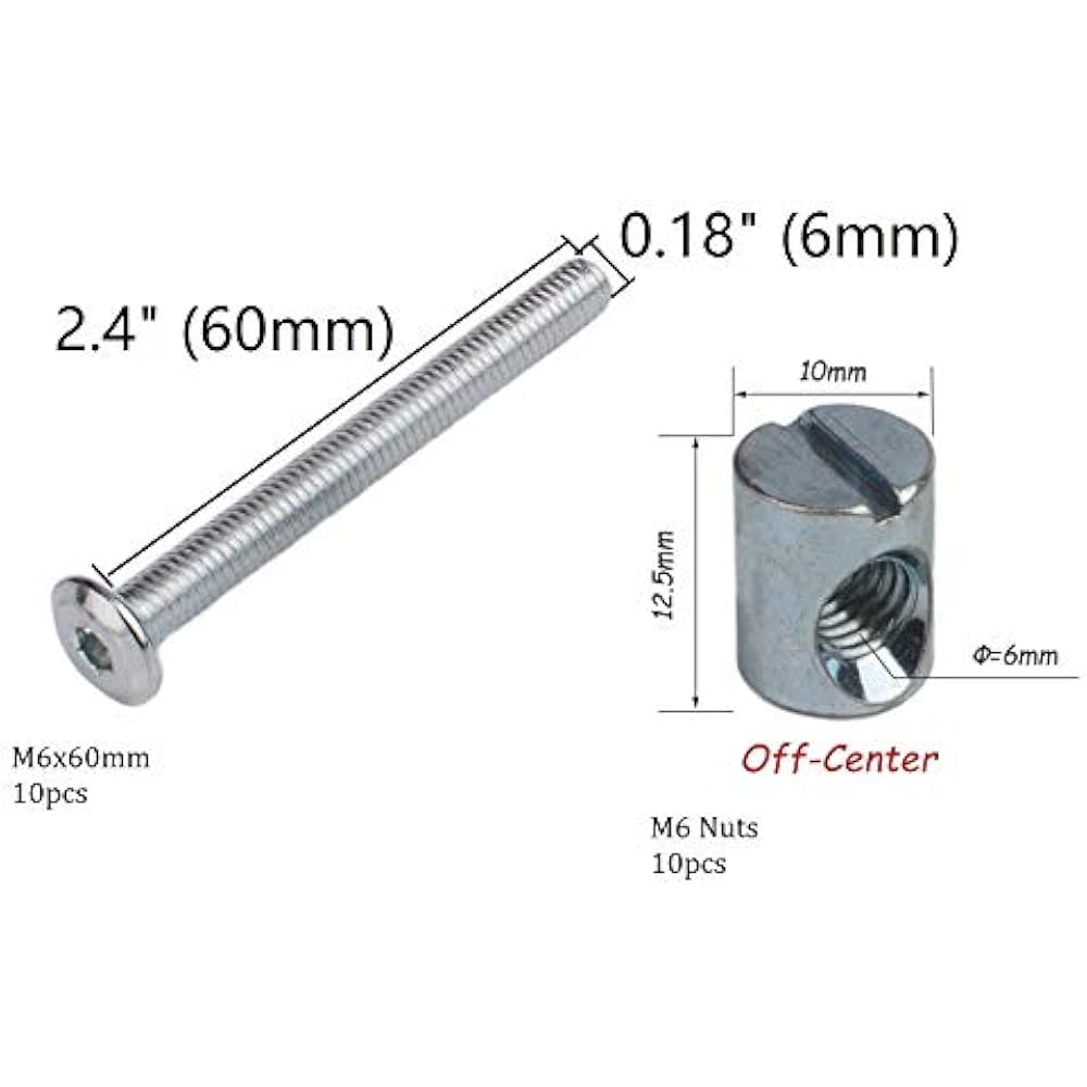 10pack Furniture Cot Bed Bolt Allen Head With Barrel Nut 6mm M6 X 60mm