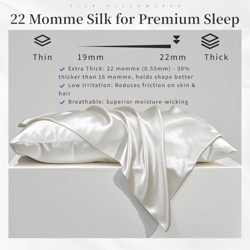 100% Double-Sided Silk Pillowcase, 22 Momme, 6A, Washable, Hidden Zipper, Prevents Hair Frizz, Antibacterial and Anti-Static, Suitable for Sensitive Skin (White, 1PC 51x66cm（20" × 26"）)