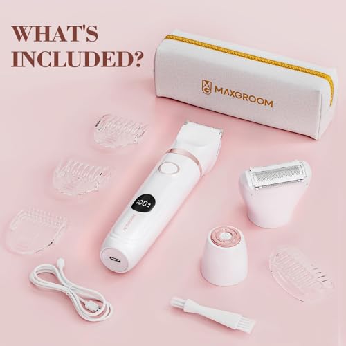 MAXGROOM 3 in 1 Lady Shaver for Women, Wet & Dry Electric Razor, IPX6 Waterproof Bikini Trimmer for Pubic Hair, LED Display, Hypoallergenic for Sensitive Skin, Facial Legs Underarms Body Groomer