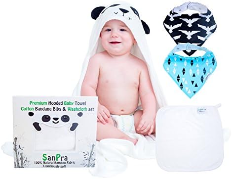 Premium Soft Baby Hooded Towel, Cotton Bandana Bibs & washcloth set | 100% Bamboo and Hypoallergenic | Sized for Infant and Toddler | New Panda design Hood