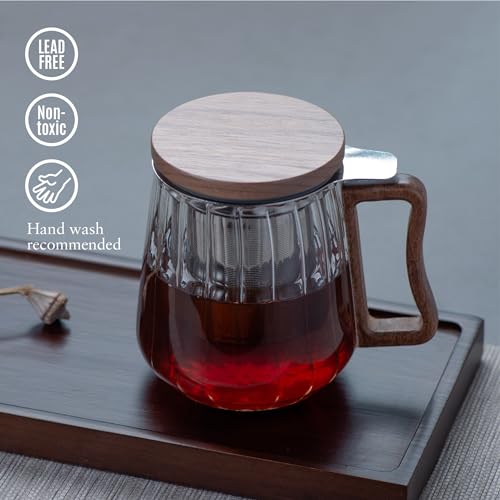 Tea Cup with Infuser and Lid, Glass Tea Cup, Borosilicate Glass Mug, 17oz Tea Mug, Clear Tea Cup for Loose Leaf Tea, Blooming Tea, Tea Bag (Threaded Mug)