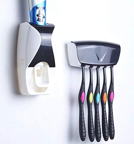 KBF Automatic Toothpaste Dispenser and 5 Toothbrush Holder for Home Bathroom Acessories Set Automatic Toothpaste Dispenser and Tooth Brush Holder Set Hands Free Toothpaste Dispenser Automatic Toothpaste Squeezer and Toilet Brush/Toothbrush Holder Set Automatic Toothpaste Dispenser and Detachable 5 Hole Toothbrush Holder Dust-Proof Wall Mounted with Cover Bathroom Storage Stand Toothpaste Dispenser Squeezer Kit Tooth Brush Holder Set Automatic Auto Toothpaste Dispenser (Brushes Not Included)