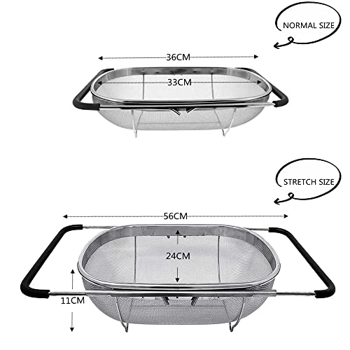 Beauenty Stainless Steel Over the Sink Colander Strainer Basket，Draining Basket，Sink Basket，Sink with Rubber Grip, Fine Mesh, Large Kitchen Gadgets Tools，Strainer Home Kitchen Essentials