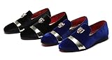 Mens Velvet Loafers Slippers with Gold Buckle Wedding Dress Shoes Slip-on Smoking Flats Black Blue Red