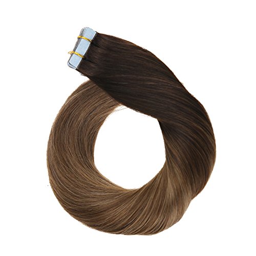 LaaVoo 14" Tape in Balayage Ombre Extensions Color #2 Fading to #5 With Color #18 Highlight Ombre Human Hair Tape Balayage Real Remy Hair Tape Extensions 50gram Per Package - Thumbnail 5