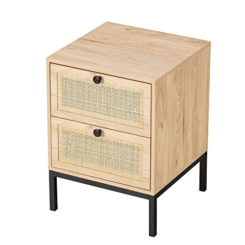 XIAO WEI Rattan Nightstand with Handmade Natural Rattan Drawers