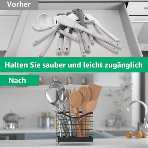 Küchenutensilienhalter aus Edelstahl mit Ablaufboden, 2 Fächer, Schwarz