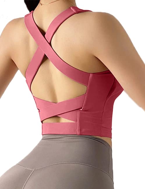 Photo 1 of Women's Strappy Sports Bra Criss Cross Back Crop Tank Top Padded Fitness Workout Tops Longline Yoga Bras Rose Pink, L