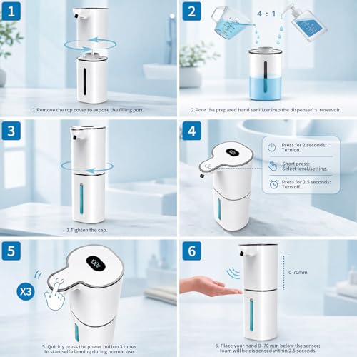 Kefflum Automatic Soap Dispenser, Electric Foam Dispenser with Digital Display, 6 Adjustable Levels, USB Rechargeable, Wall and Desktop, for Bathroom and Kitchen (380ml, White)