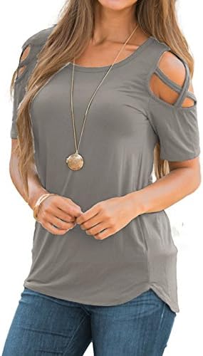 waxdark Women Summer Short Sleeve Strappy Cold Shoulder T-Shirt Tops Blouses (Grey, Large)