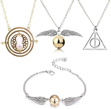 JUMJEE 4-Pieces Harry Potter Necklace Set Time Turner Deathly Hallows Golden Snitch for Harry Potter Fans Gifts Collection Magical Cosplay Costume Jewelry Women Girls BoyGift