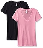 Clementine Women's Deep V-Neck Tee, Black/Hot Pink, XX-Large (Pack of 2)