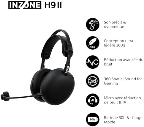 INZONE H9 II - Casque Gaming PC sans Fil à réduction de Bruit Sony, léger, Micro cardioïde IA détachable, 2,4 GHz et Bluetooth, Housse Souple, pour PC, PS5, Switch et Mobile, Noir