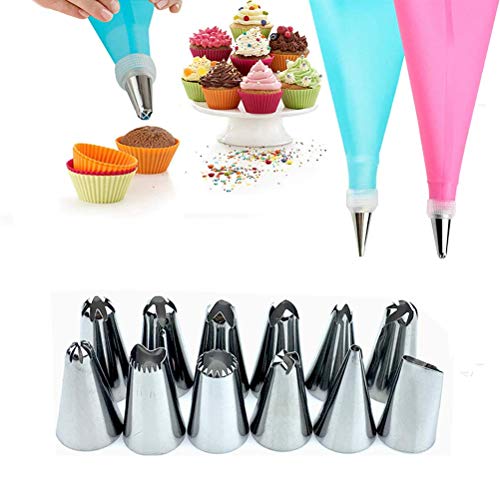 LQT Ltd 14 Pcs/Set Silicone Icing Piping Cream Pastry Bag +12PCS Stainless Steel Nozzle Pastry Tips Converter DIY Cake Decorating Tools - Color Random - Thumbnail 7
