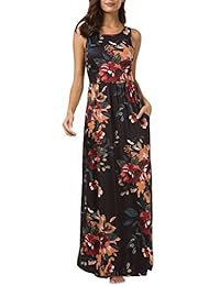 Zattcas Maxi vestidos para mujer, cuello redondo, sin mangas, verano, floral, maxi vestido con bolsillos