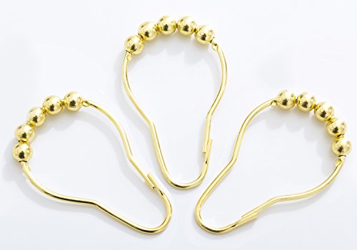 Shower Curtain Hooks Rings, Brushed Gold Decorative Rust Proof With Roller For Bathroom, Wardrobe, Closet, Bathtub, 100% No Rust, Set Of 12 Rings, By Mystic Home.