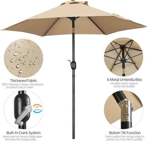 RabbitStorm Paraguas de Mercado de 7,5 Pies, Sombrilla de Mesa para Exteriores con Botón de Inclinación y Manivela para Jardín, Césped, Terraza, Patio Trasero, Piscina, 6 Varillas, Color Caqui