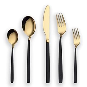 Berglander – Juego de cubiertos de titanio, negro, 30 piezas, manija negra con juego de cubiertos de oro en la boca, servicio de cubiertos, negro y dorado, servicio para 6 personas (negro, dorado)