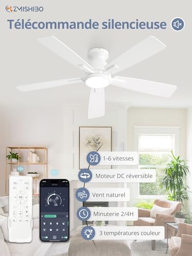 ZMISHIBO Ceiling Fan with Light Ø117cm, DC Motor Silent and Reversible, Adjustable LED Lighting 3000K-6000K, Fan Lamp with Remote/App, 6 Speeds for Bedroom and Living Room
