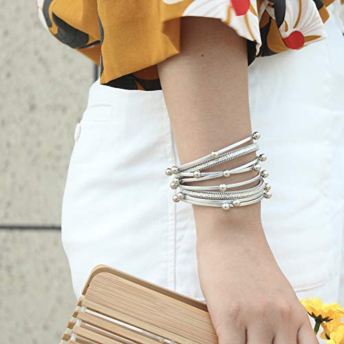 FANCY SHINY Bead Leather Bracelet Boho Wrap Bracelet Layered Rhinestone Cuff Bracelet with Magnetic Clasp,7.5"(Silver)