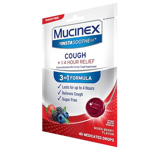 MUCINEX INSTASOOTHE SUGAR FREE COUGH DROPS, COUGH MEDICINE FOR ADULTS WITH DEXTROMETHORPHAN HBR, NON MENTHOL COUGH DROPS, COUGH SUPPRESSANT LOZENGES, MIXED BERRY MEDICATED COUGH DROPS, 40CT