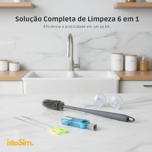 Kit de Limpeza Completa IstoSim – Escova 3 em 1 Multiuso + Escova de Silicone 360° + 2 Escovas para Canudos + 2 Ganchos Ventosa