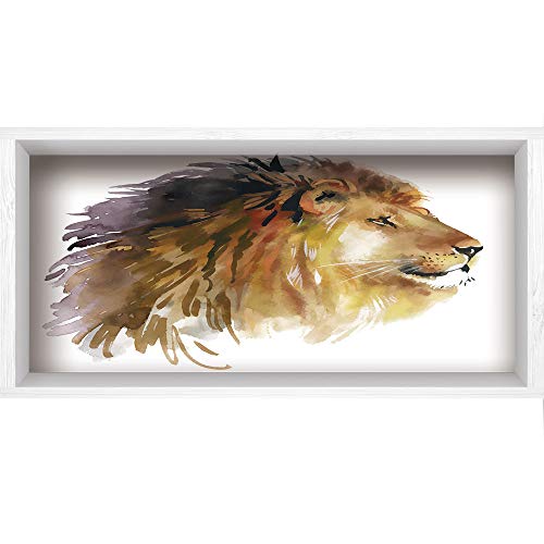 3D Depth Illusion Vinyl Wall Decal Sticker,47.2"x23.6",Animal,Lion Head Portrait King of the Forest Wild Creature Power Watercolor Art Decorative,Brown Ginger Cinnamon,White wood frame Style Home Deco