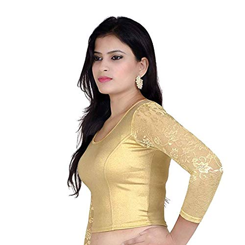 golden color stretchable and full sleeves net lycra women's saree blouse/top choli