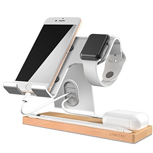 Cell Phone Stand, LAMEEKU Apple Watch Stand : Dock Cradle Holder For Switch, Apple Watch, all Smartphone, iPhone X 6 6s 7 8 Plus, Airpods Apple Pencil iPad and Tablet - Silver