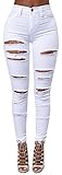 Ermonn Women's Distressed Ripped Denim Pencil Jeans Stretch, White, Small