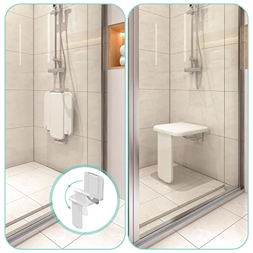 Heuffe Wall-Mounted Folding Shower Seat Fixed Foot – 200 kg Max Reach Folding Stool Adult / PMR Non-Slip Surface ABS White for Bathroom