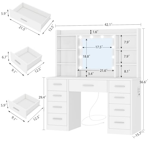 TEENFON 9 Drawers Vanity Desk with Large Mirror and 10 Lights, Makeup Vanity with Power Outlet & 9 Open Storage Shelves, 3 Lighting Modes Brightness Adjustable for Bedroom, White