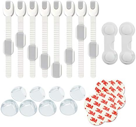Safety Locks, 10 Pack Baby & Child Safety Locks and 8 Pack Corner Protector Combo, For Cabinet, Refrigerator, Door, Toilet Seat, Drawers, Dishwasher, Strong Adhesive, No Tools or Drilling Required